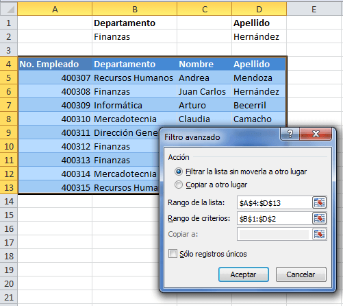 Filtros para dos columnas