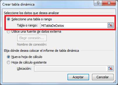 Cuadro de diálogo Crear tabla dinámica