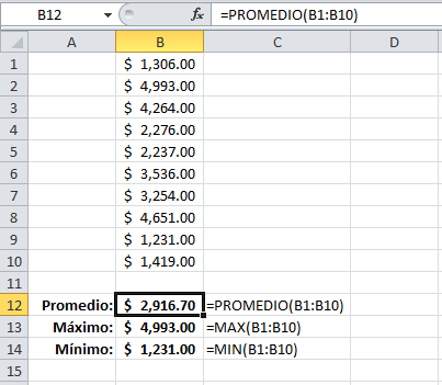 Funciones de Excel PROMEDIO, MAX y MIN