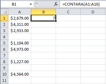 Ejemplo de la función de Excel CONTARA