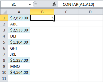 Ejemplo de la función de Excel CONTAR