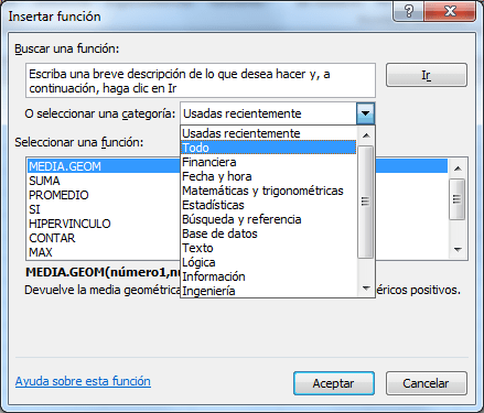 Cuadro de diálogo Insertar función