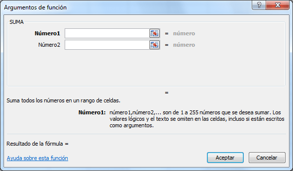 Cuadro de diálogo Argumentos de función