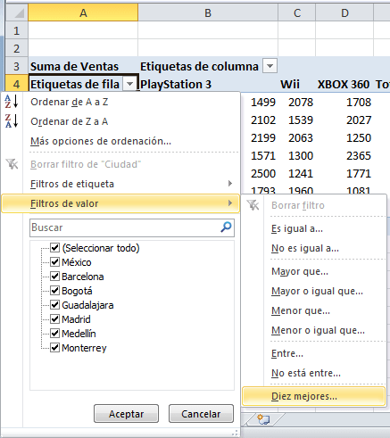 Filtro los Diez mejores en una tabla dinámica