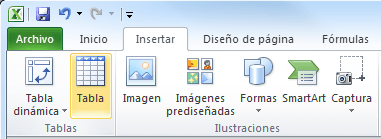 Insertar una tabla en Excel