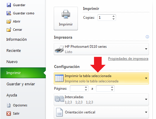 Imprimir una tabla de datos de Excel