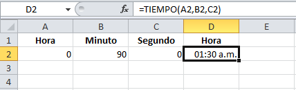 Ejemplo de la función TIEMPO de Excel