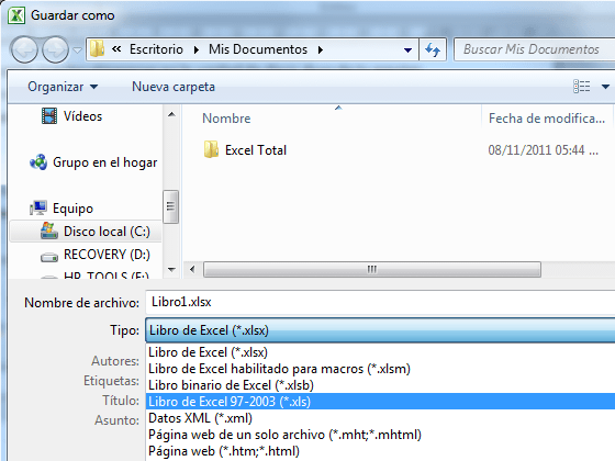 Guardar como libro de Excel 97-2003