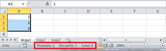 Promedio, recuento y suma en la barra de estado