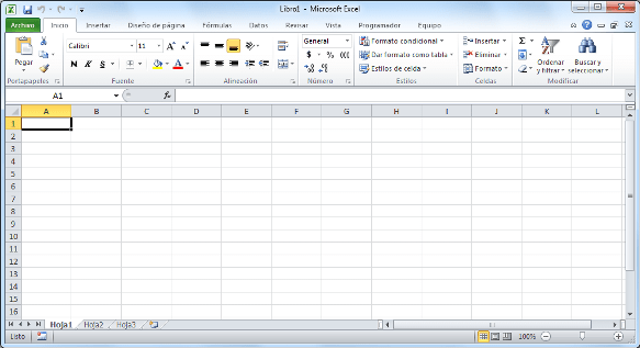 Pantalla inicial de Microsoft Excel 2010