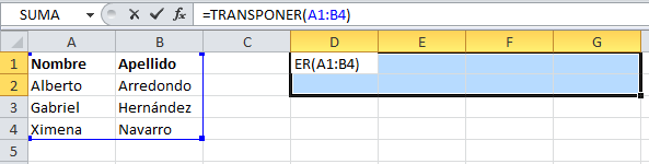 La función de Excel TRANSPONER