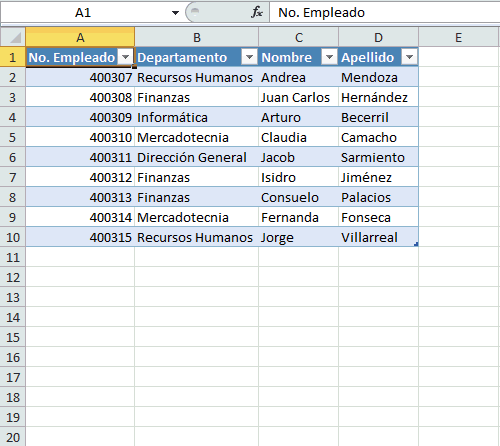 Encabezados de tabla en Excel