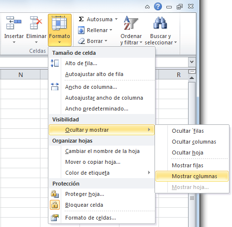 Comando Mostrar columnas en Excel