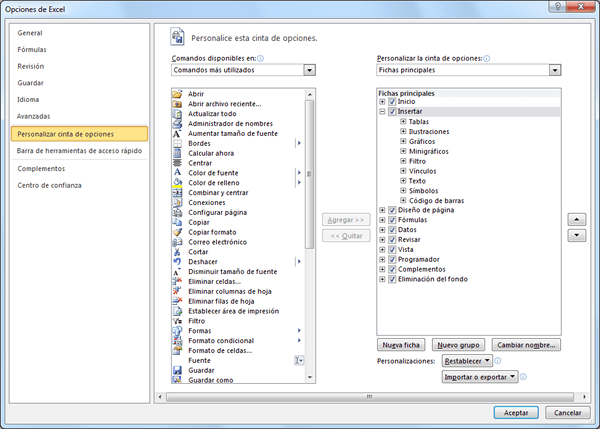 Opciones de Excel - Personalizar cinta de opciones