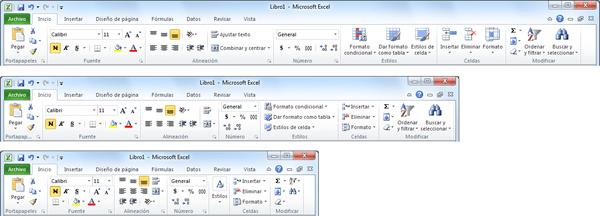 Diferentes tamaños de ventana de Excel y Cinta de opciones
