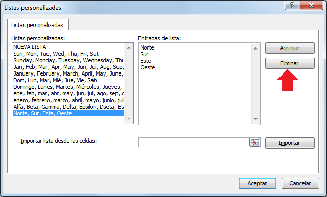 Eliminar una lista personalizada en Excel