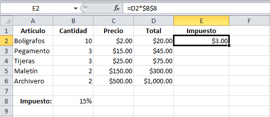 Fórmulas en Excel con referencias absolutas