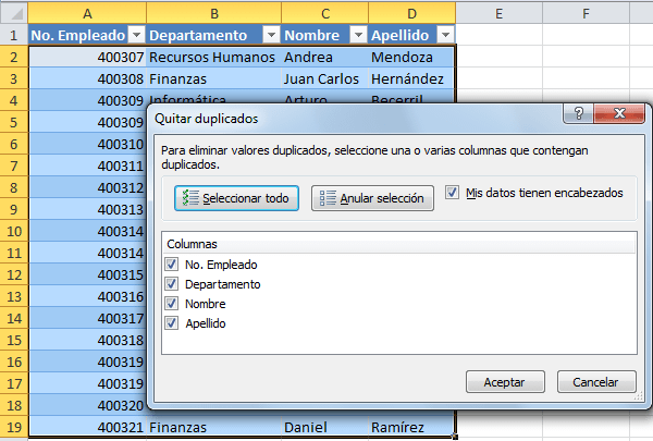 Quitar duplicados de una tabla