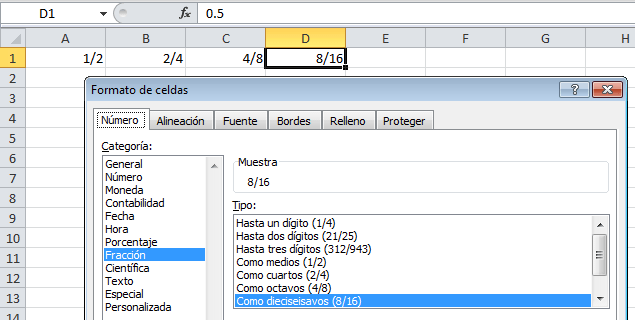 Escribir fracciones en Excel