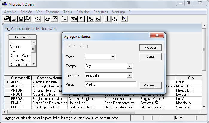 Criterios en Microsoft Query