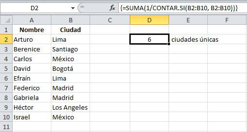 Fórmula para contar valores únicos en Excel