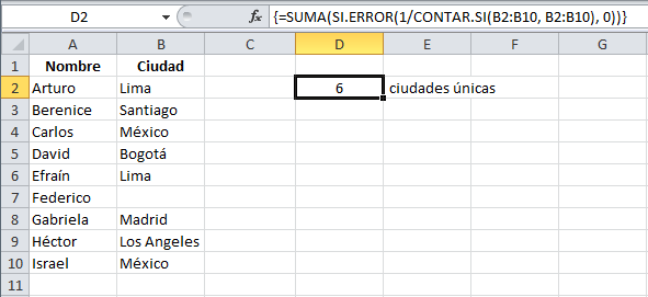 Contar valores únicos entre repetidos en Excel