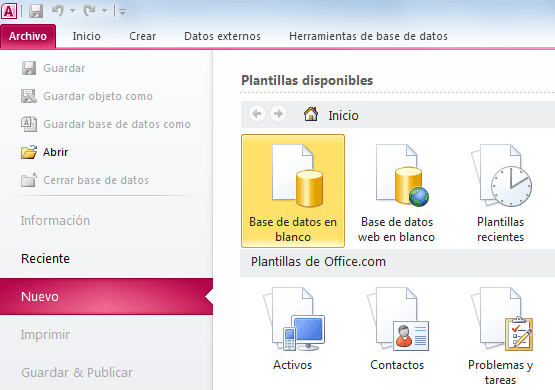 Crear una base de datos en Access en blanco