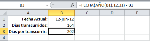 Días restantes del año en Excel
