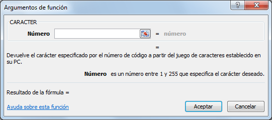 Argumentos de la funcion CARACTER en Excel