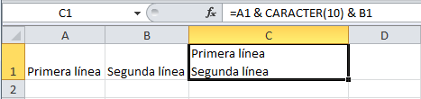 Insertando un salto de línea con la función CARACTER en Excel