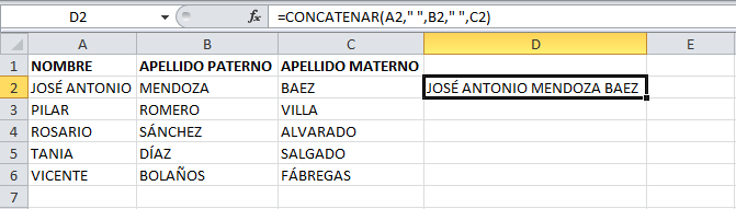 Resultado de la función CONCATENAR en Excel