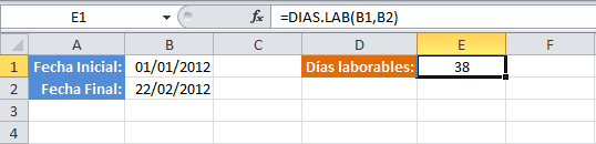 Ejemplo de la función DIAS.LAB en Excel