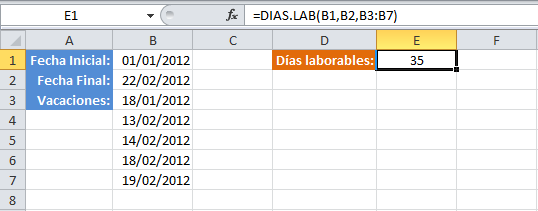 Función DIAS.LAB en Excel
