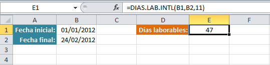 Ejemplo de la función DIAS.LAB.INTL en Excel