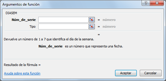 Sintaxis de la función DIASEM en Excel