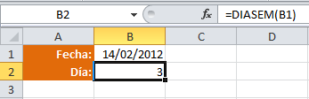 Ejemplo de la función DIASEM en Excel