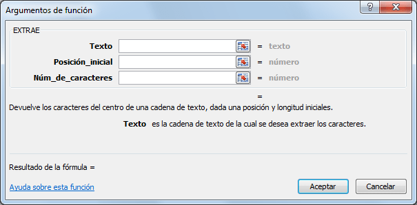 Argumentos de la función EXTRAE en Excel