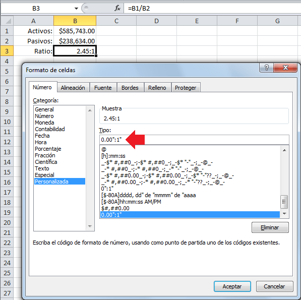 Aplicar un formato personalizado a un ratio en Excel
