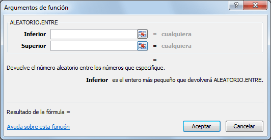 La función ALEATORIO.ENTRE en Excel