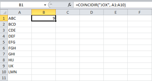 Ejemplo de la función COINCIDIR en Excel