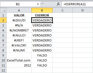 Ejemplo de la función ESERROR en Excel