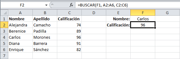 Ejemplo de la función BUSCAR en Excel