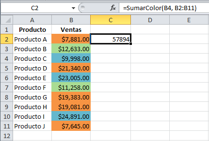 Sumar celdas por color en Excel