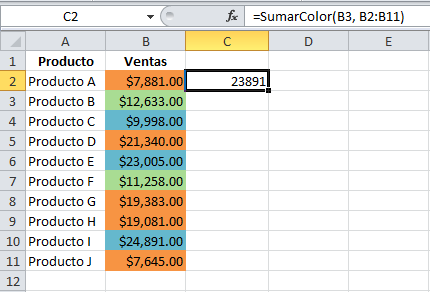 Cómo sumar celdas del mismo color en Excel