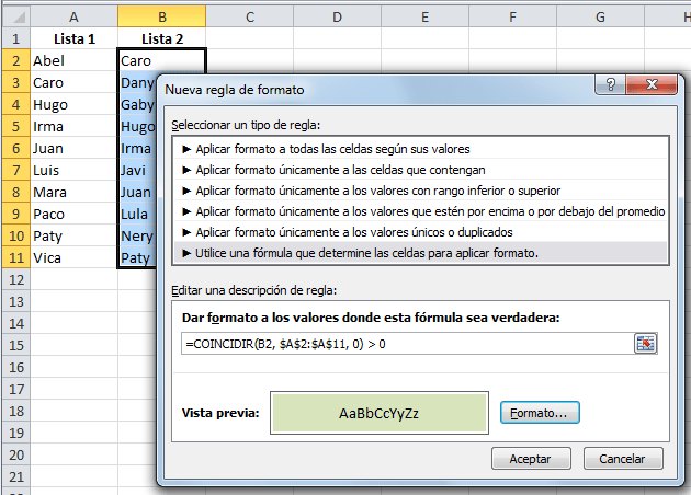 Regla de formato condicional para comparar dos listas en Excel