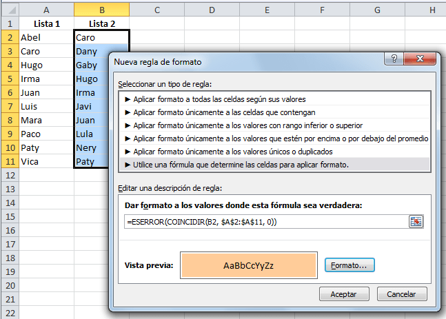 Ejemplos comparar listas en Excel