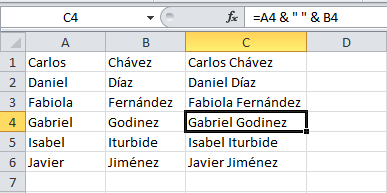 Cómo concatenar nombres y apellidos en Excel