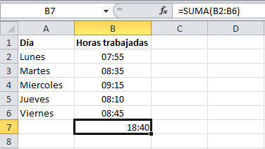 Ejemplo para sumar horas y minutos en Excel
