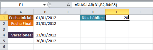 Contar días hábiles en Excel con la función DIAS.LAB