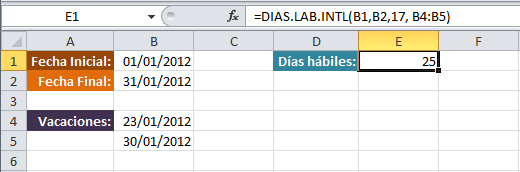 Días laborables entre dos fechas en Excel